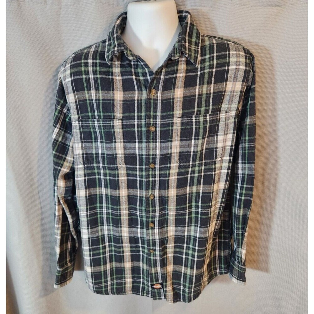 Dickies Flannel Shirt Mens Gray Black Plaid Long‎ Sleeve Button Up Size LT